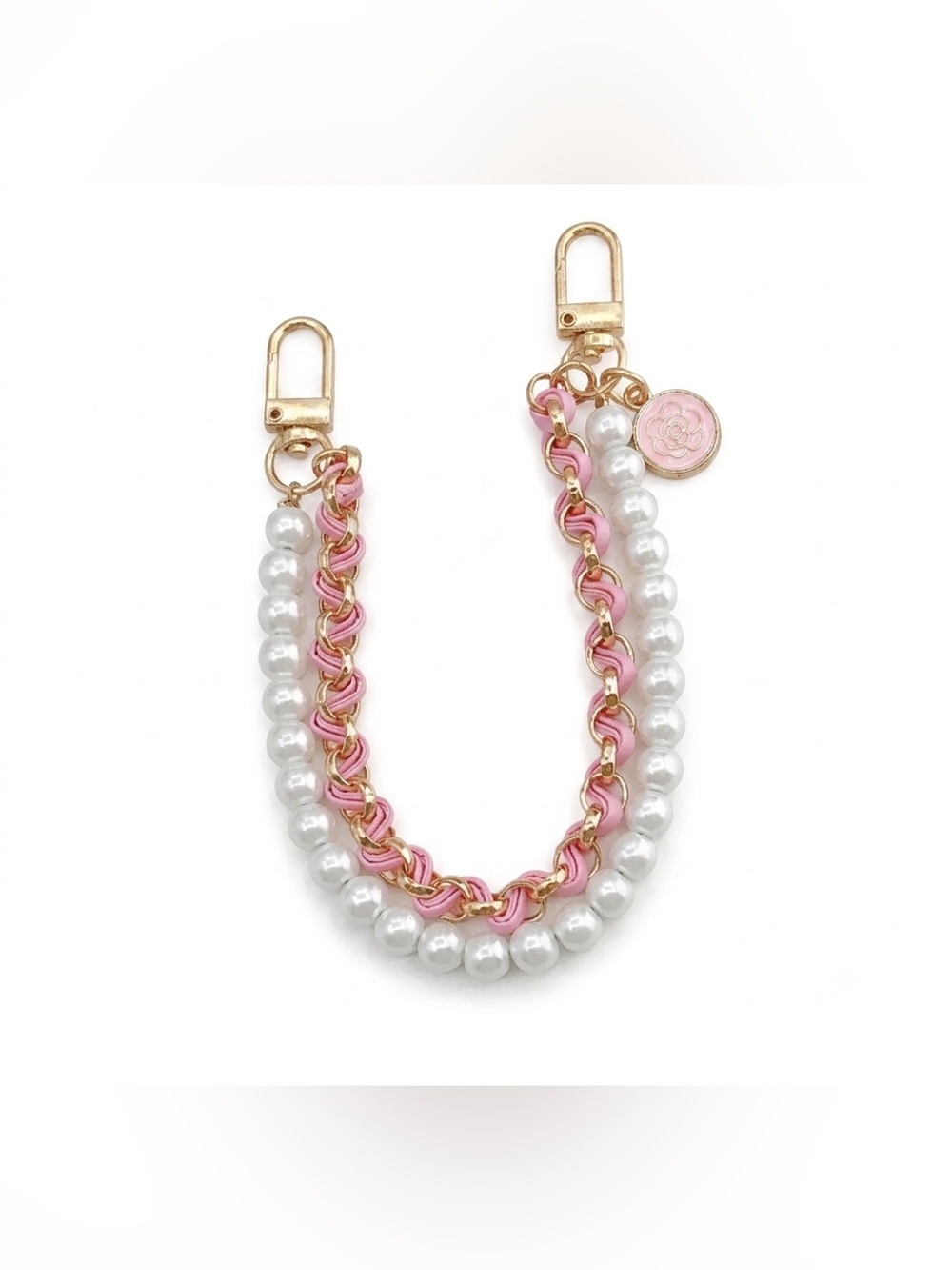 Pink Pearl Purse Strap Extender Dual Layer Gold Interwoven Chain Charm NWT